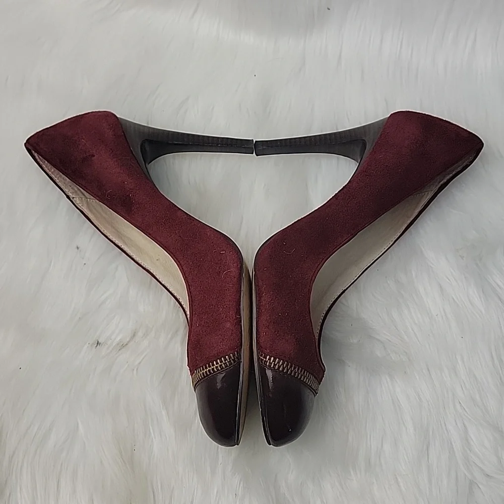 MICHAEL KORS Cynthia Bordeaux Zipper Brown‎ Leather Cap Toe Suede Office Heels 6